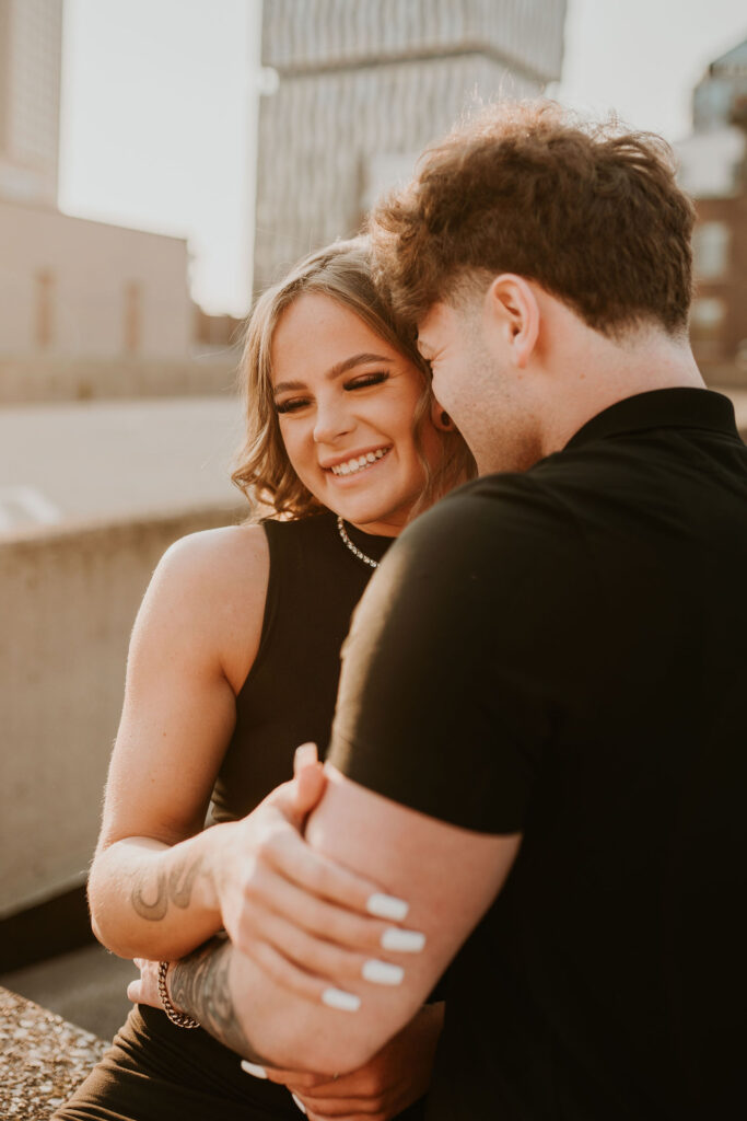 Intimate rooftop golden hour couples session in downtown Cleveland 