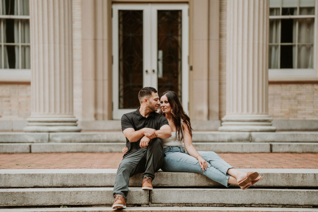 Engagement photos on the steps of The George Eastman House