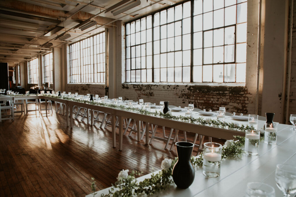 Large, long dining tables for BLDG17's spacious reception venue