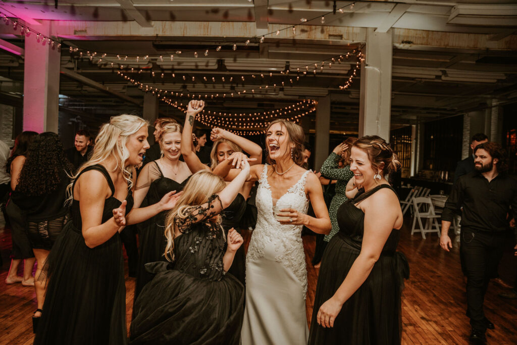 Bride partying and dancing with wedding guests at BLDG17