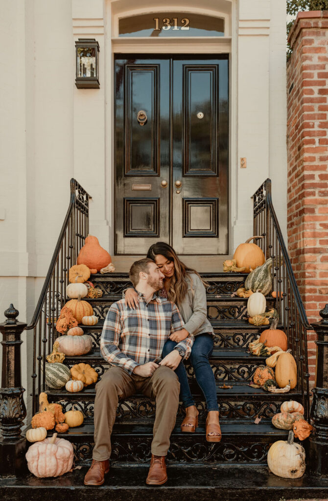 Pumpkin front step engagement photos in Georgetown