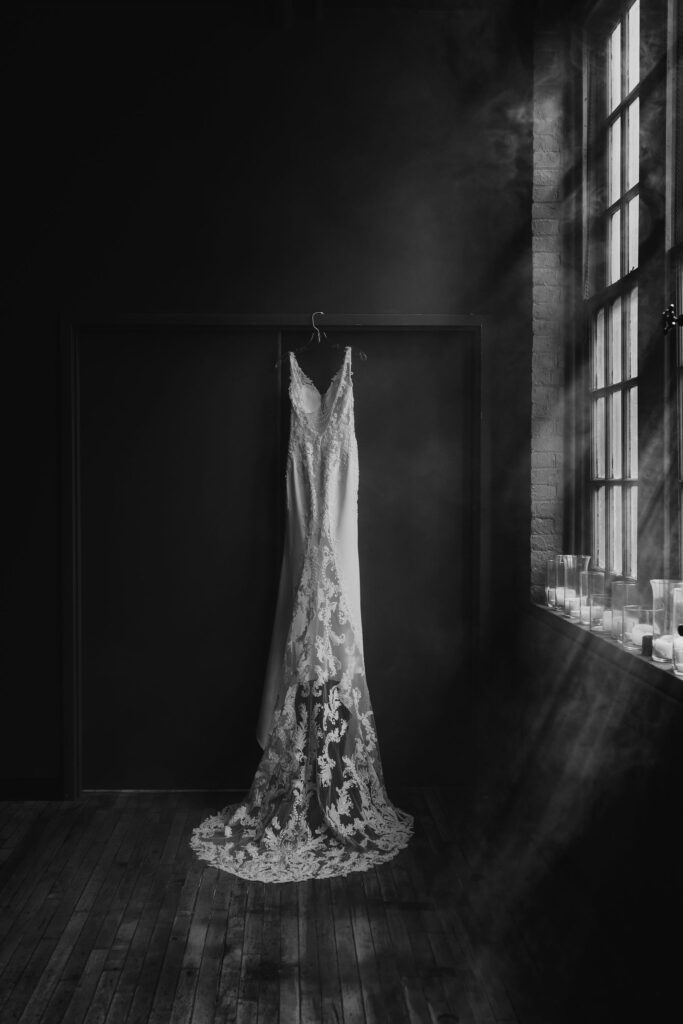 Moody light leaks wedding gown photo