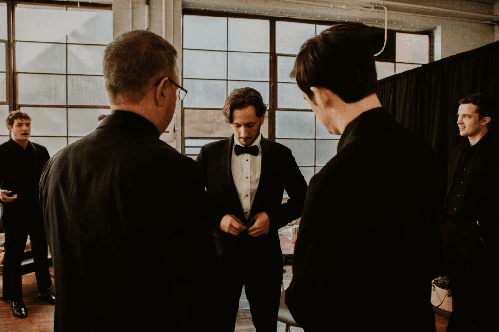 Modern warehouse vibes in the groom getting ready suite